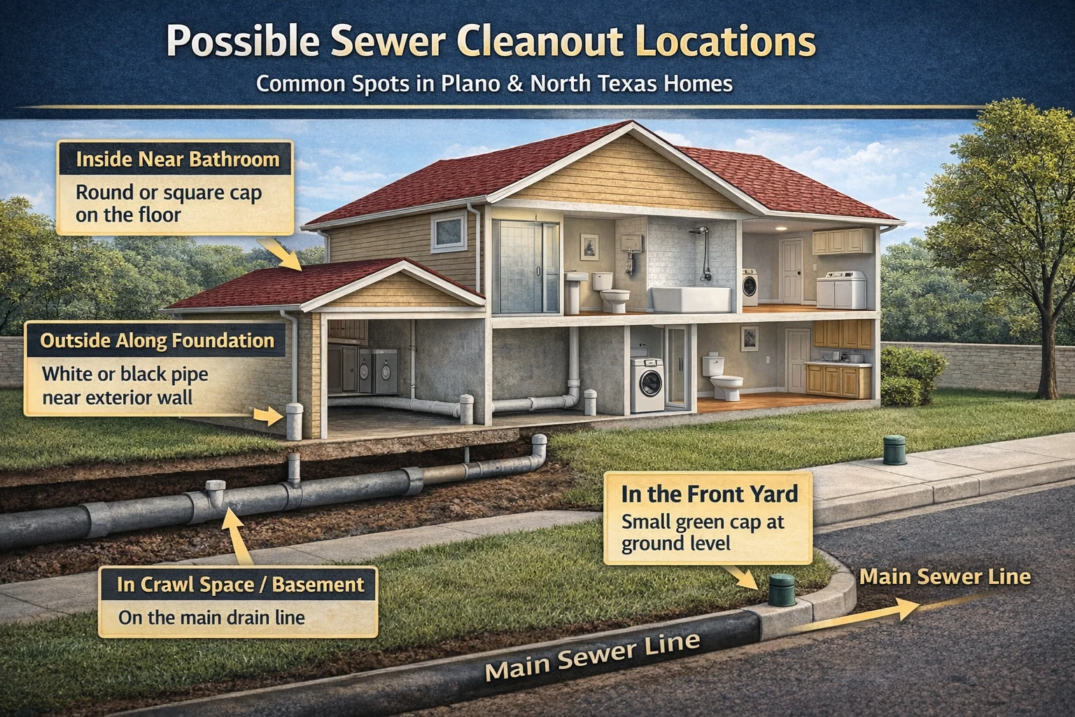 Commons areas to find sewer cleanout in Texas homes
